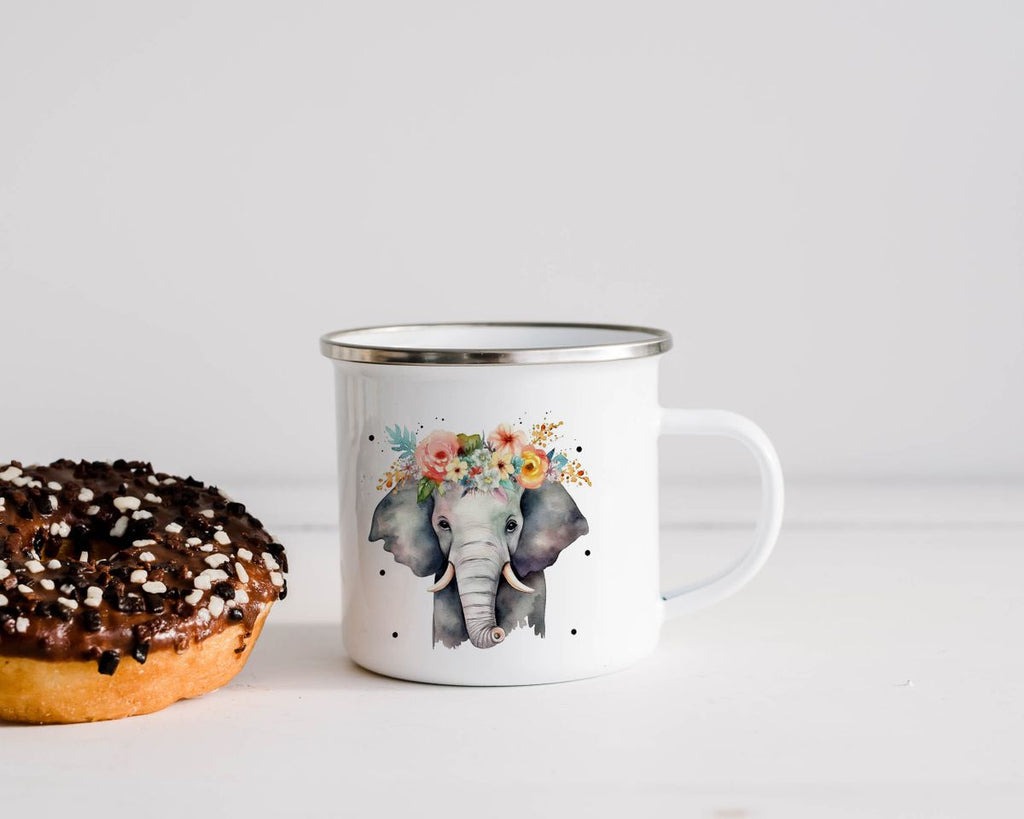 Emaille Tasse Elefant mit Blumen - von Mikalino