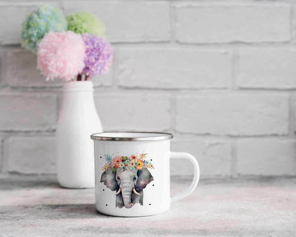 Emaille Tasse Elefant mit Blumen - von Mikalino