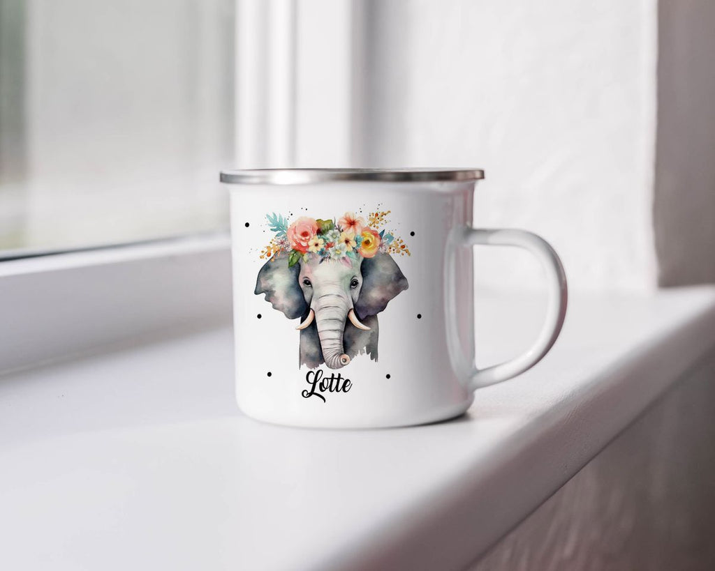 Emaille Tasse Elefant mit Blumen - von Mikalino