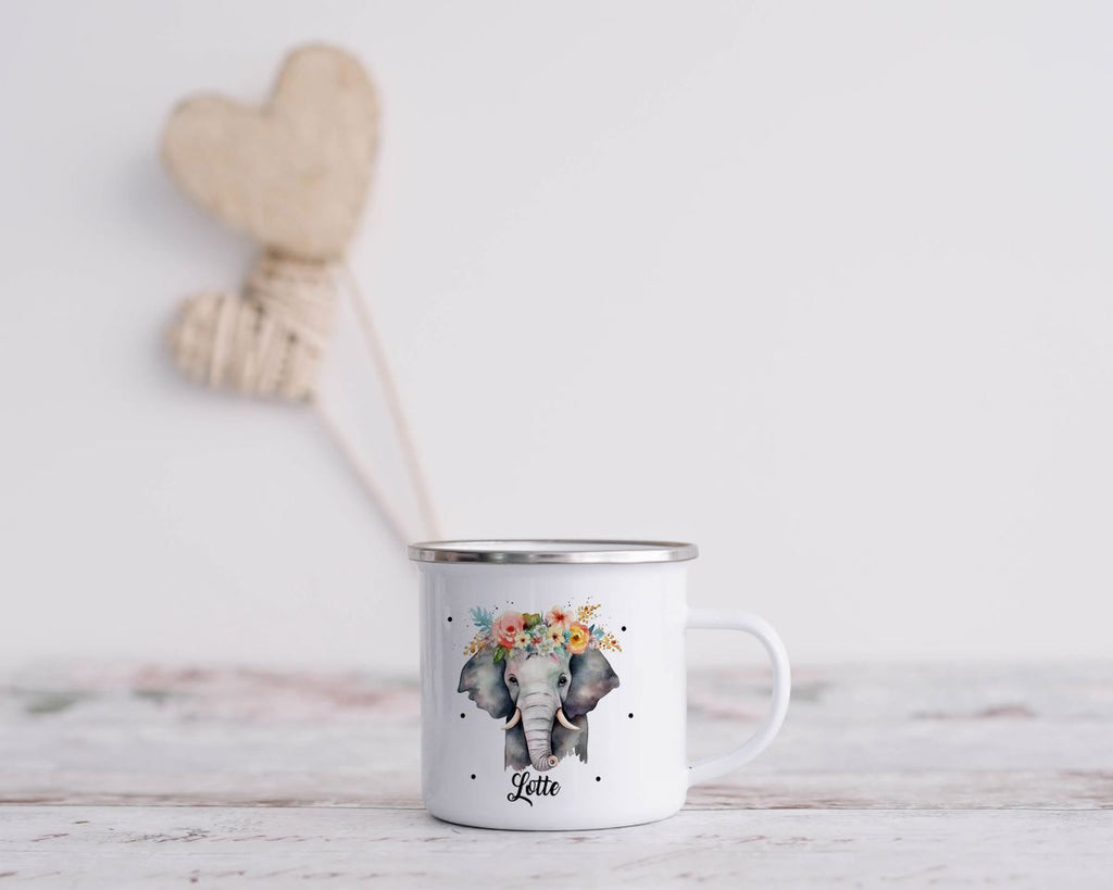 Emaille Tasse Elefant mit Blumen - von Mikalino