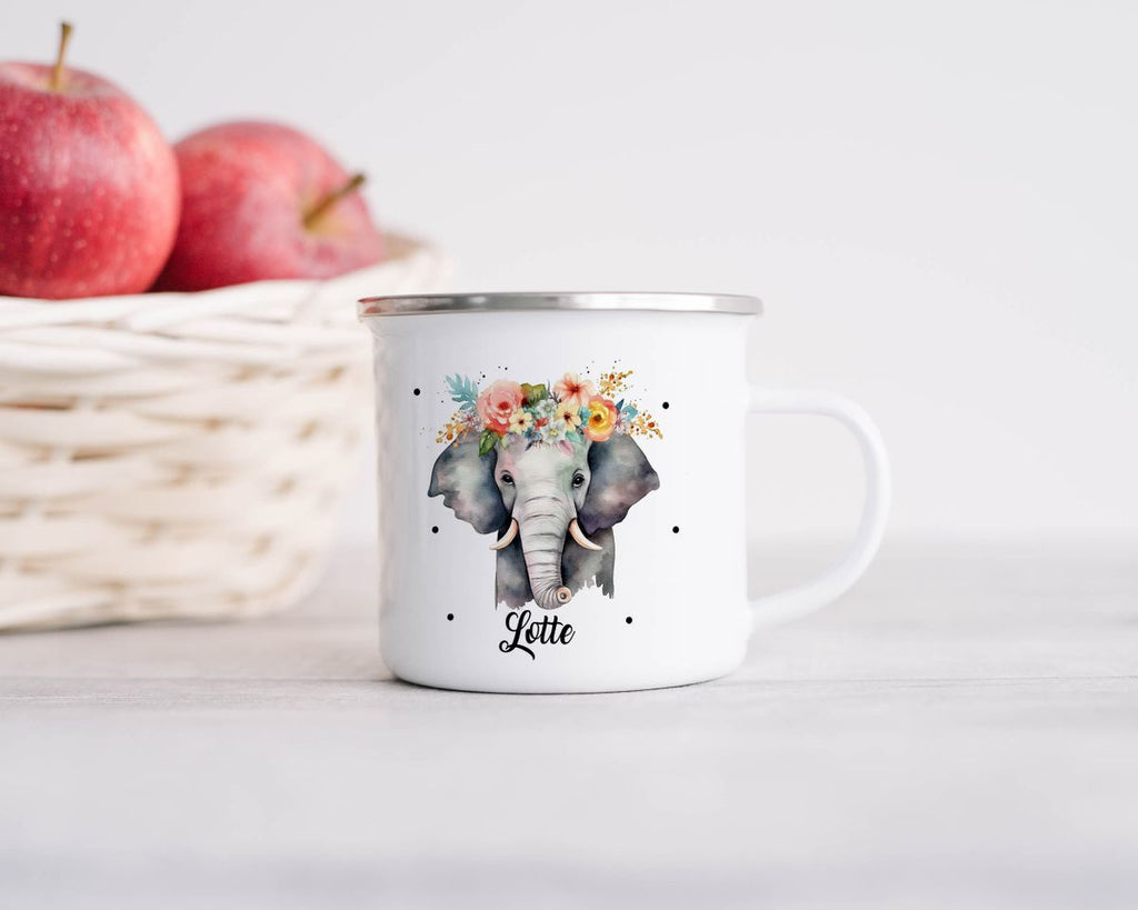 Emaille Tasse Elefant mit Blumen - von Mikalino