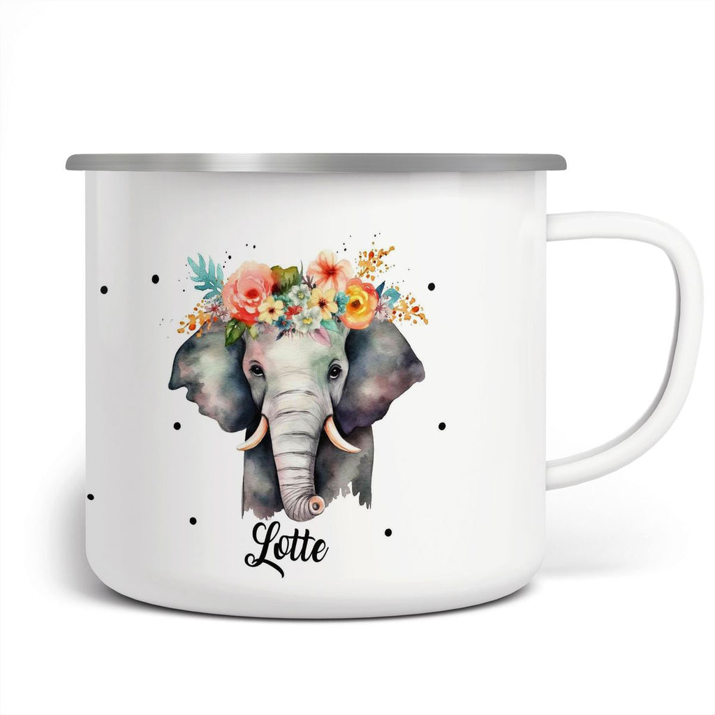 Emaille Tasse Elefant mit Blumen - von Mikalino