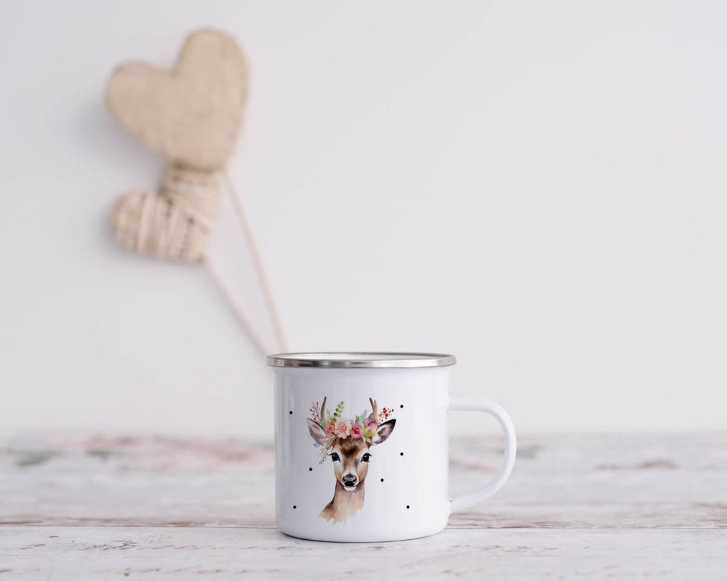 Emaille Tasse Reh mit Blumen - von Mikalino