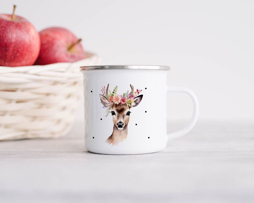 Emaille Tasse Reh mit Blumen - von Mikalino