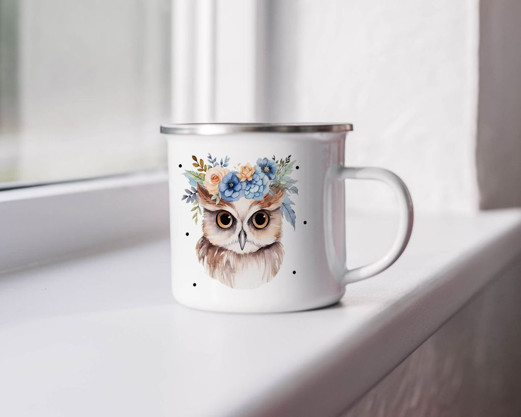 Emaille Tasse Kleine Eule mit Blumen - von Mikalino