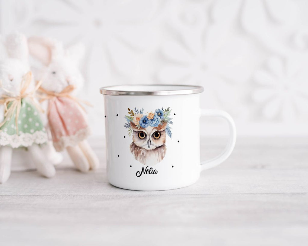 Emaille Tasse Kleine Eule mit Blumen - von Mikalino