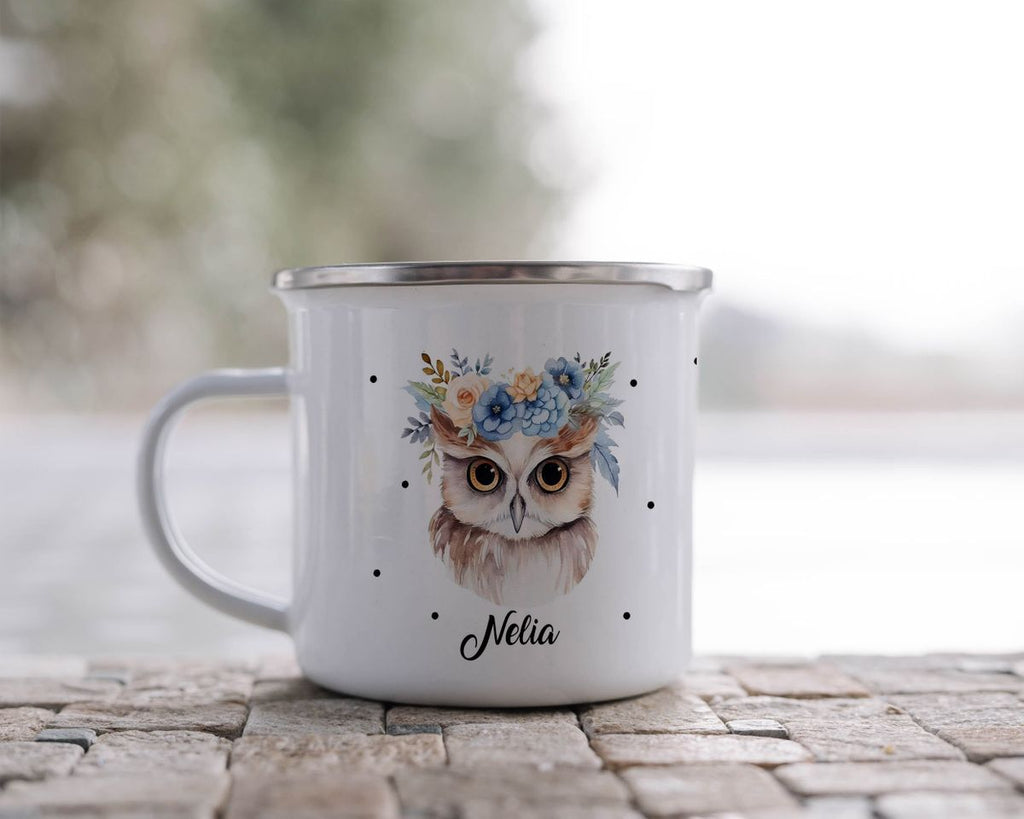 Emaille Tasse Kleine Eule mit Blumen - von Mikalino