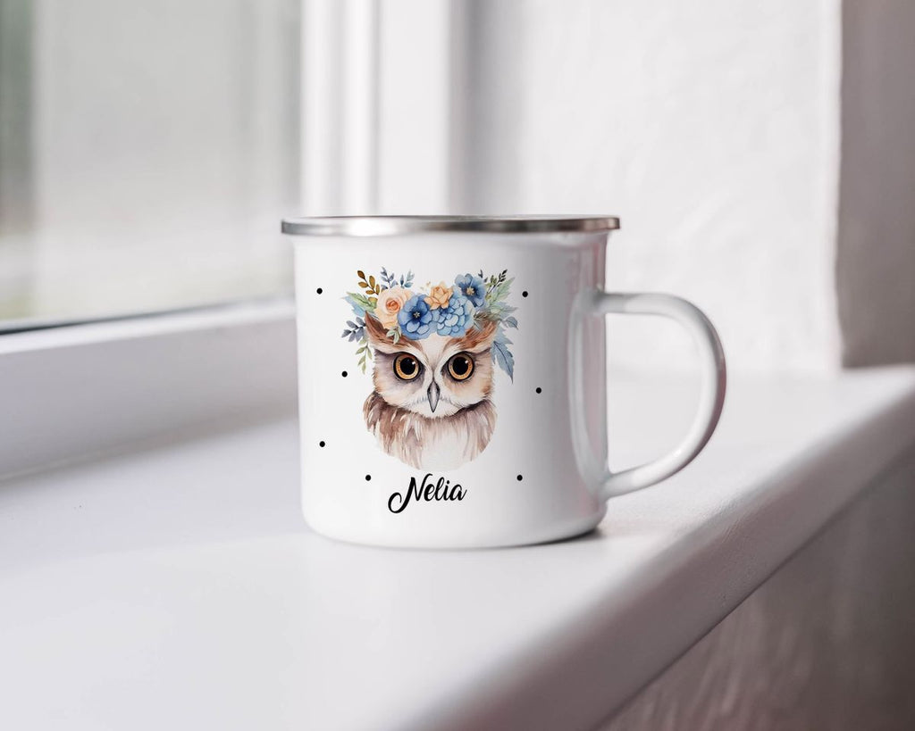 Emaille Tasse Kleine Eule mit Blumen - von Mikalino