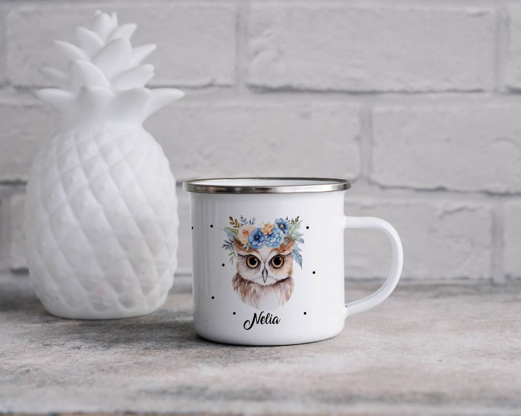 Emaille Tasse Kleine Eule mit Blumen - von Mikalino