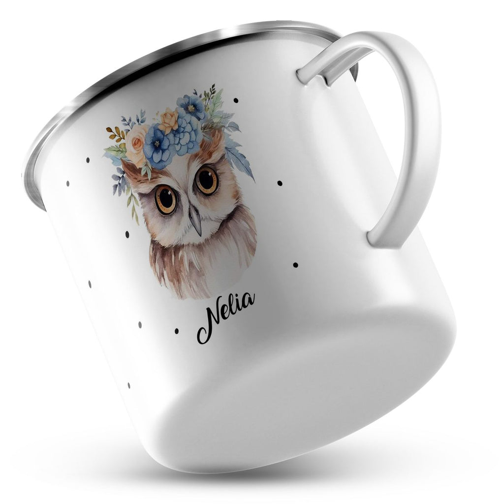 Emaille Tasse Kleine Eule mit Blumen - von Mikalino