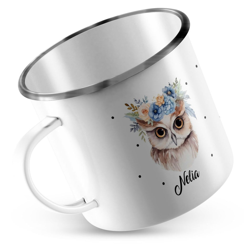 Emaille Tasse Kleine Eule mit Blumen - von Mikalino