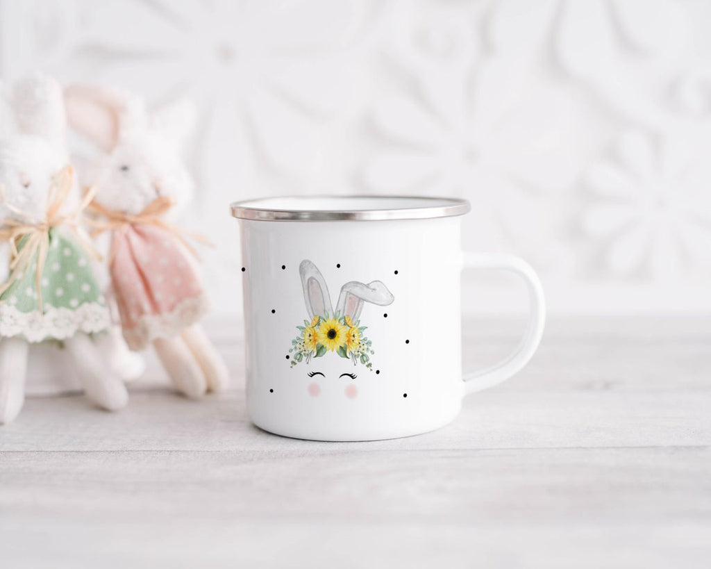 Emaille Tasse Hase mit gelben Blumen - von Mikalino