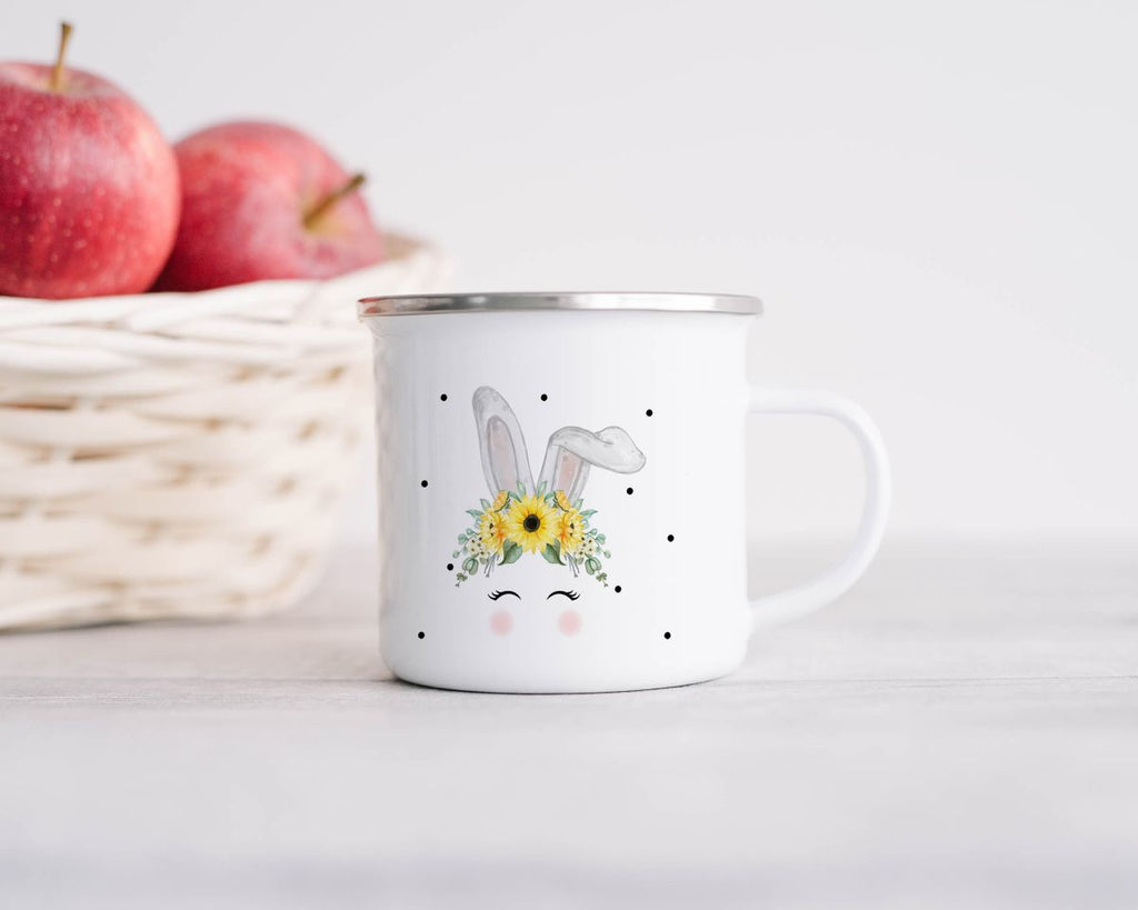 Emaille Tasse Hase mit gelben Blumen - von Mikalino