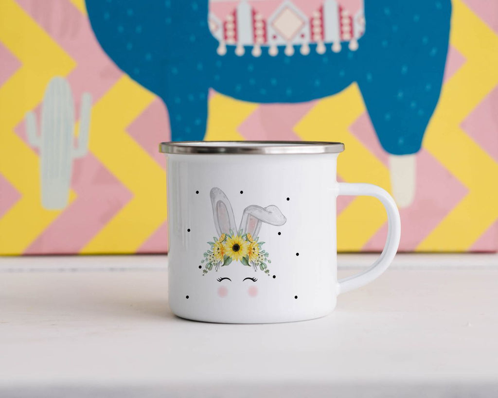 Emaille Tasse Hase mit gelben Blumen - von Mikalino