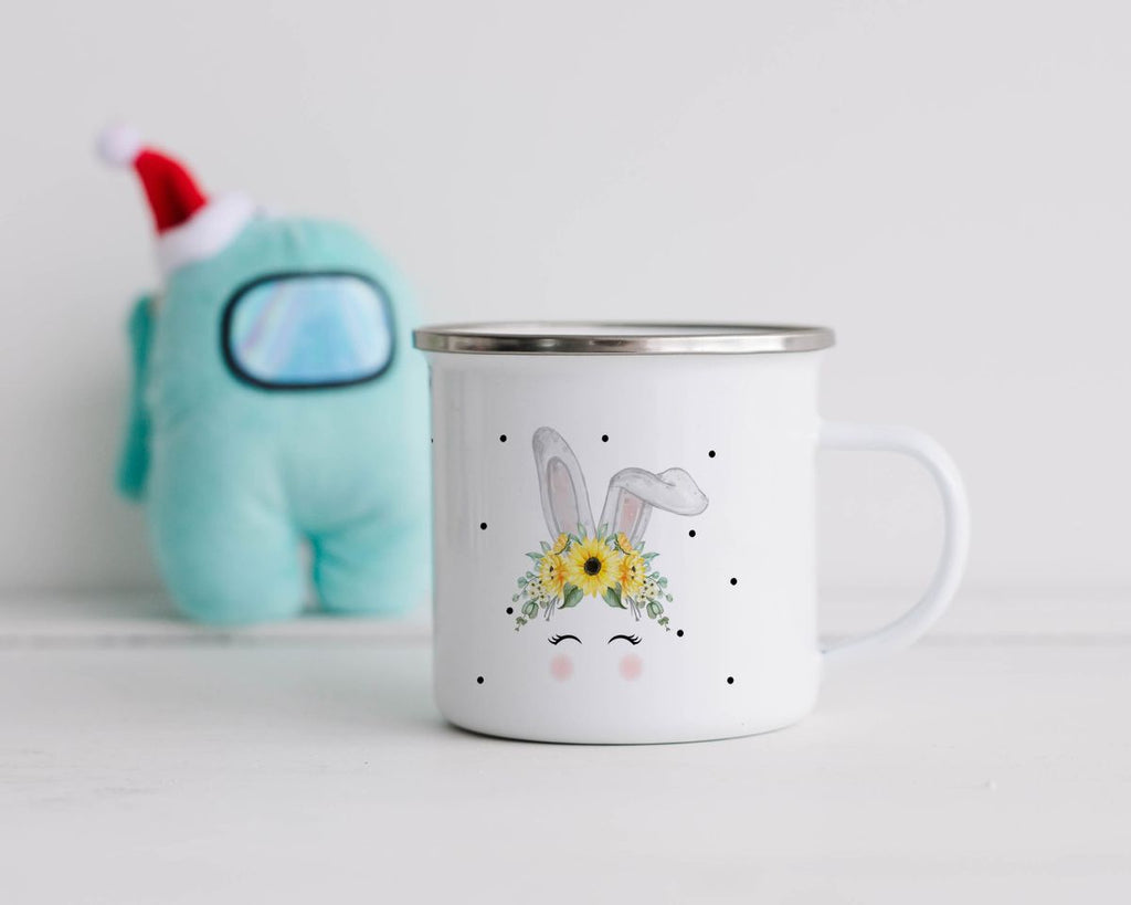 Emaille Tasse Hase mit gelben Blumen - von Mikalino