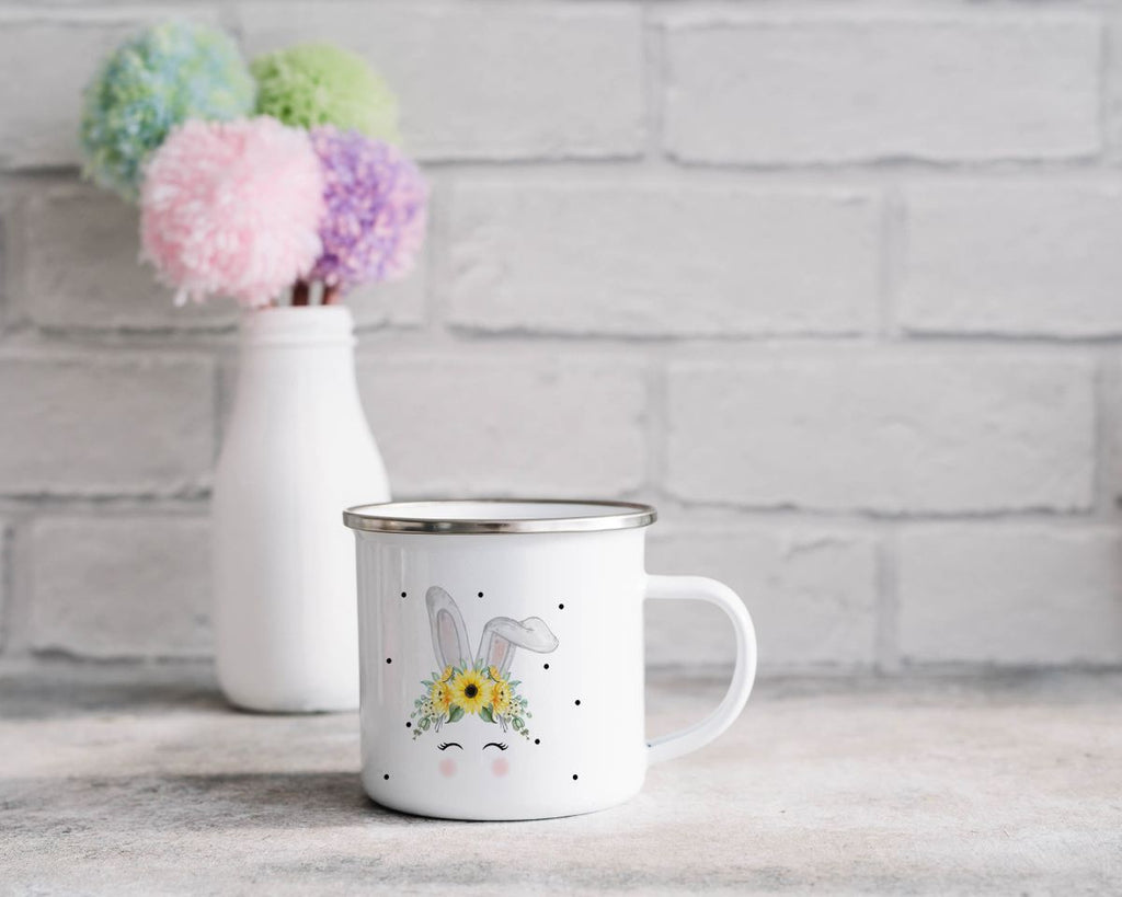 Emaille Tasse Hase mit gelben Blumen - von Mikalino