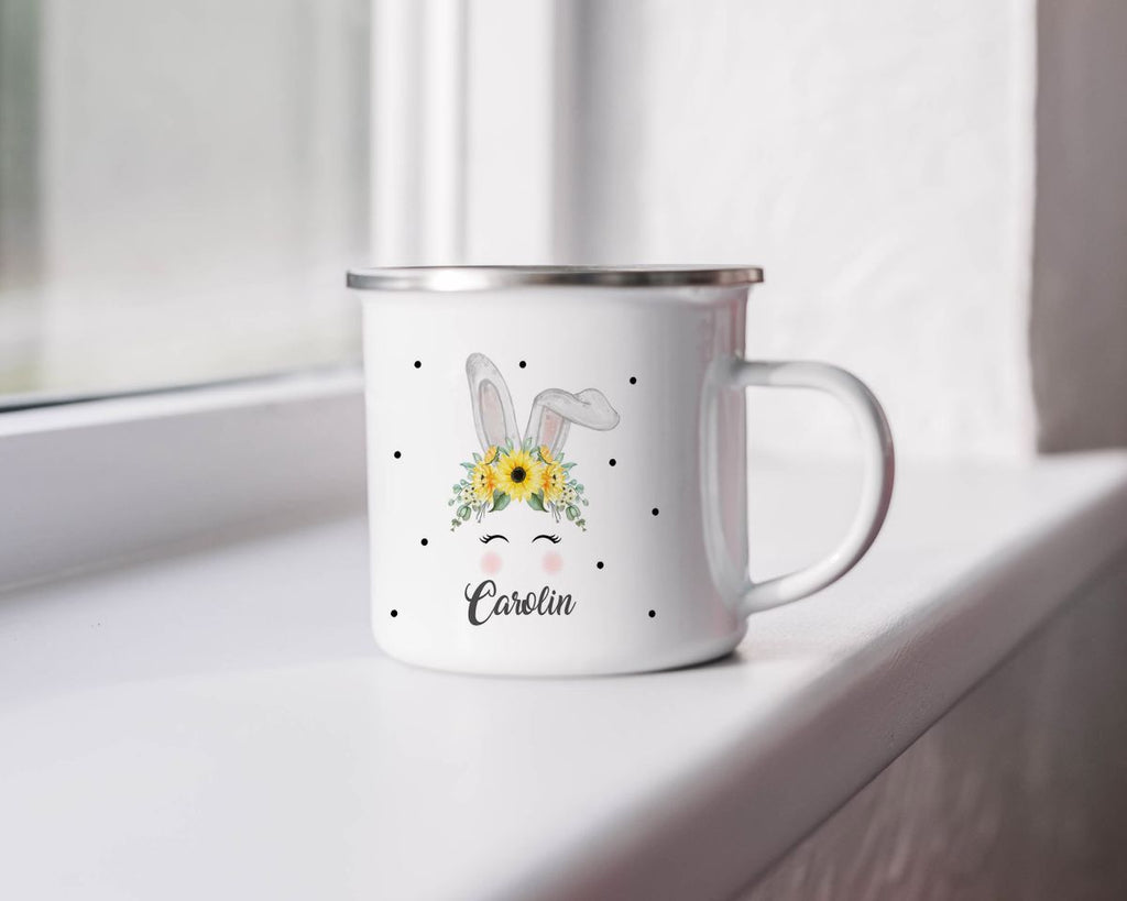 Emaille Tasse Hase mit gelben Blumen - von Mikalino