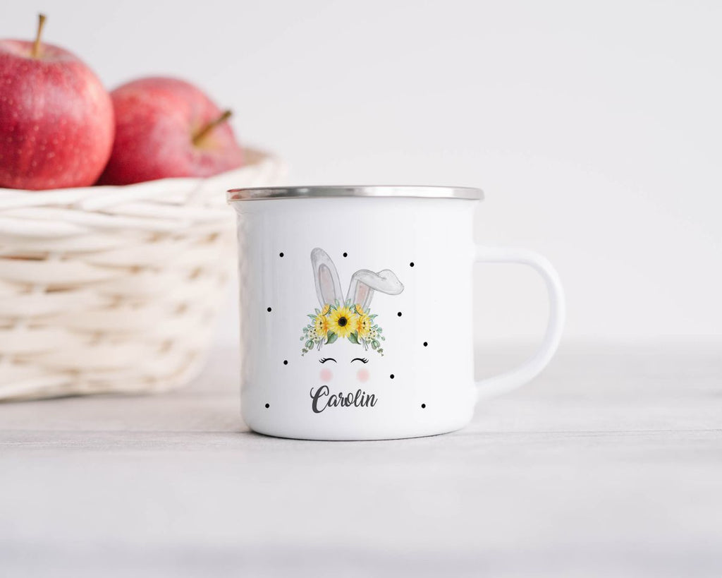 Emaille Tasse Hase mit gelben Blumen - von Mikalino