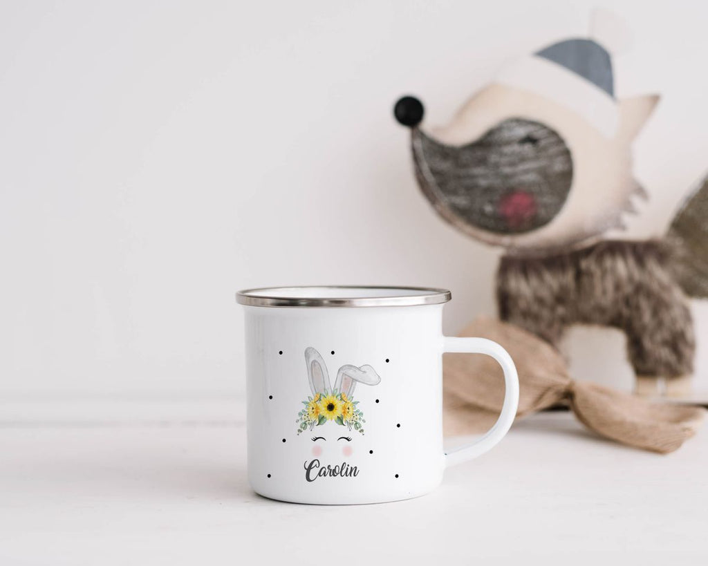 Emaille Tasse Hase mit gelben Blumen - von Mikalino