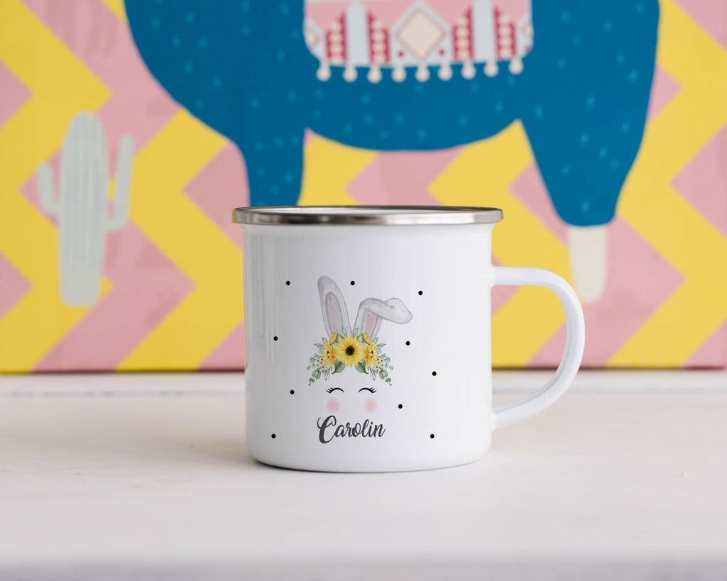 Emaille Tasse Hase mit gelben Blumen - von Mikalino