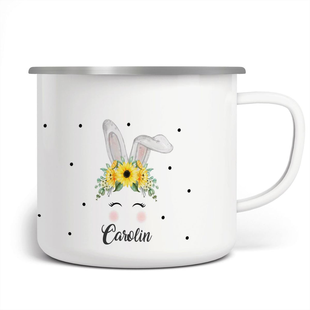 Emaille Tasse Hase mit gelben Blumen - von Mikalino