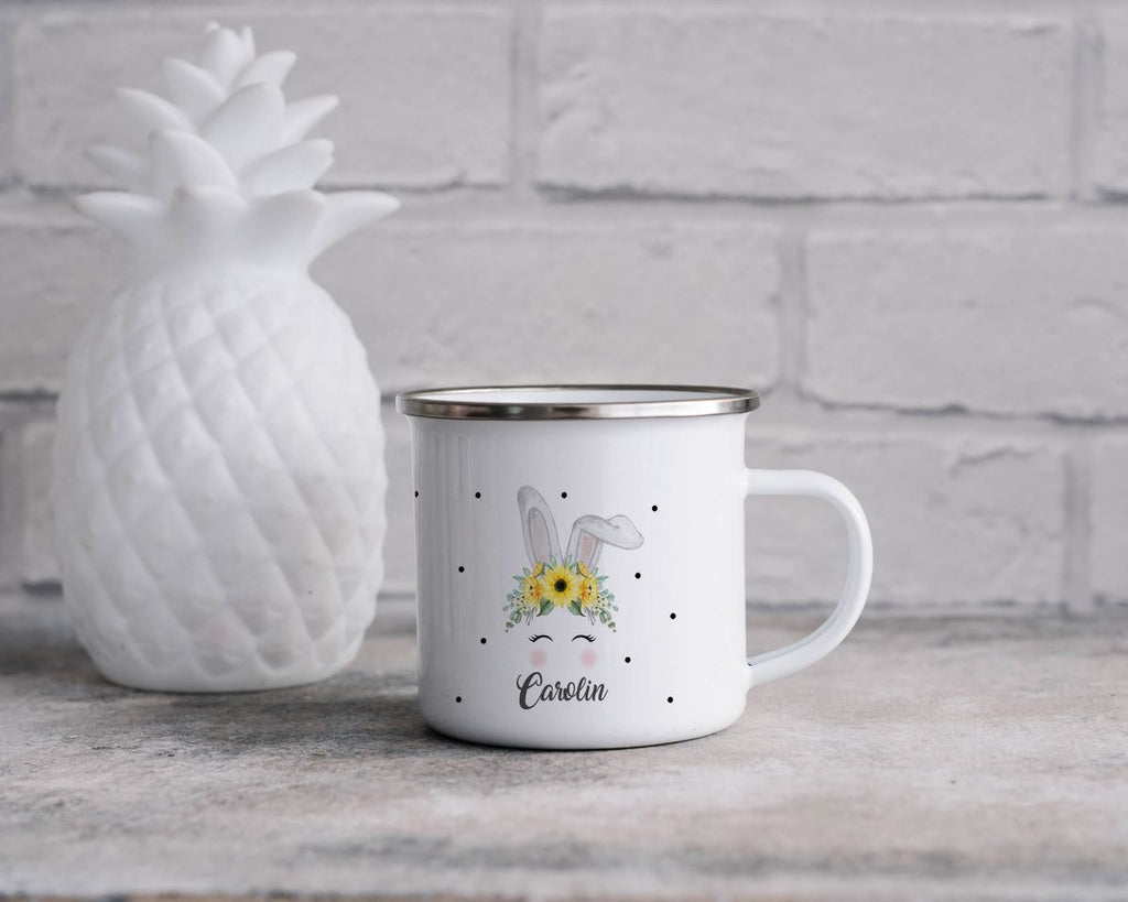 Emaille Tasse Hase mit gelben Blumen - von Mikalino