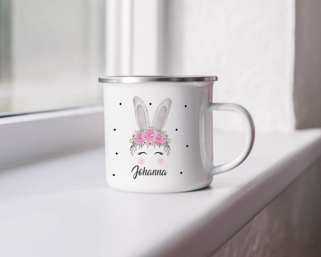 Emaille Tasse Hase mit Blumen - von Mikalino