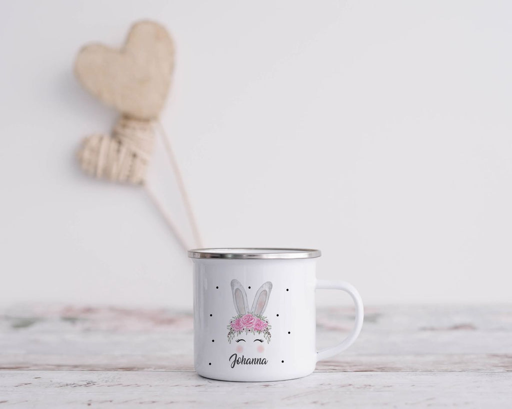 Emaille Tasse Hase mit Blumen - von Mikalino