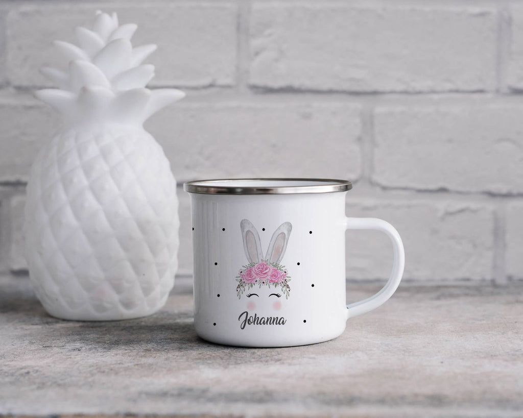 Emaille Tasse Hase mit Blumen - von Mikalino