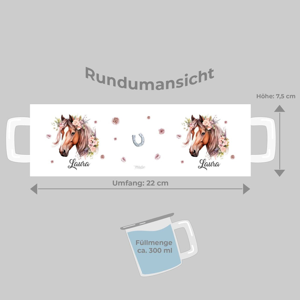 Emaille Tasse Pferd mit Blumen und Wunschname - von Mikalino