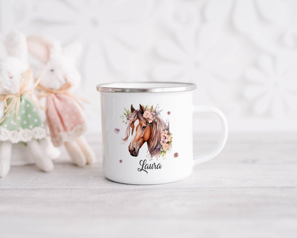 Emaille Tasse Pferd mit Blumen und Wunschname - von Mikalino