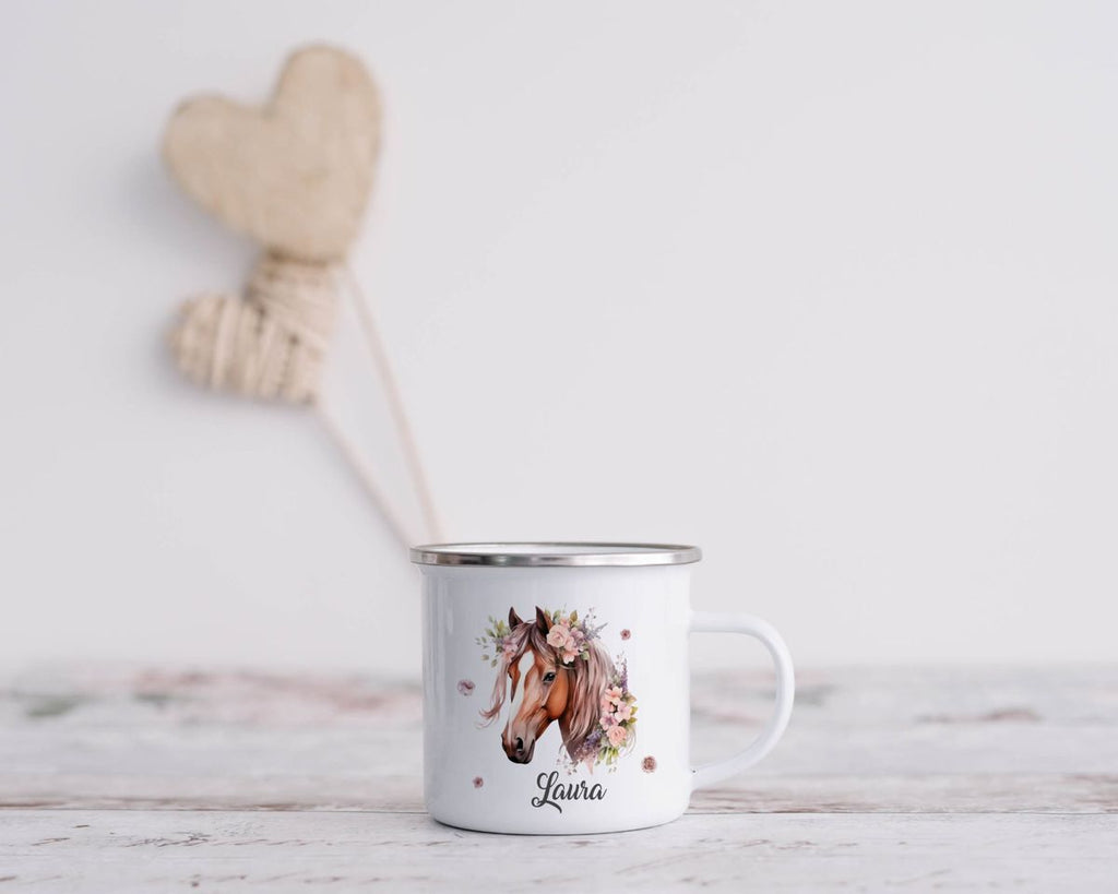 Emaille Tasse Pferd mit Blumen und Wunschname - von Mikalino