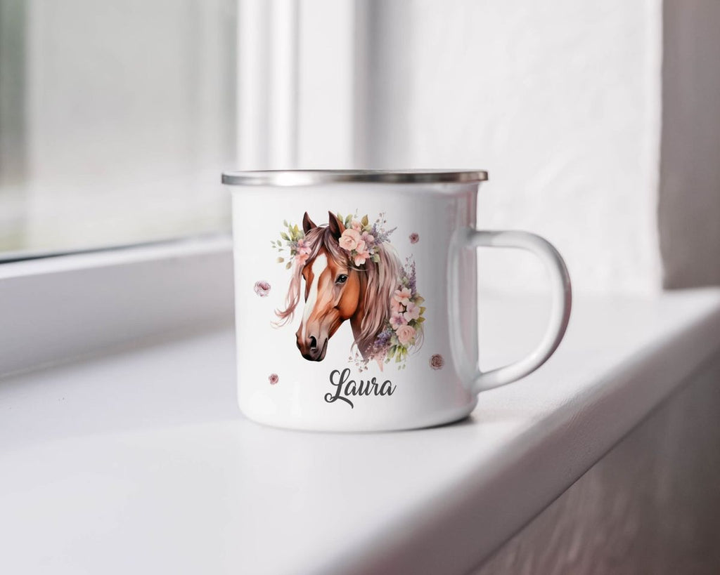 Emaille Tasse Pferd mit Blumen und Wunschname - von Mikalino