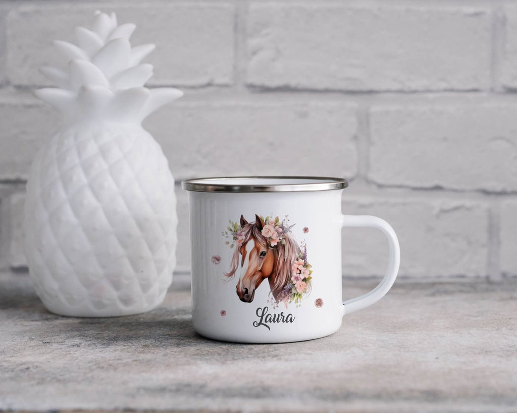 Emaille Tasse Pferd mit Blumen und Wunschname - von Mikalino