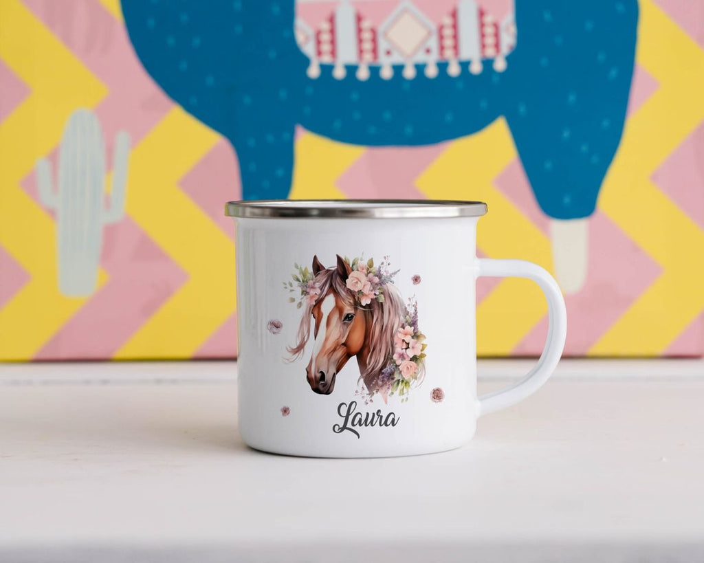 Emaille Tasse Pferd mit Blumen und Wunschname - von Mikalino