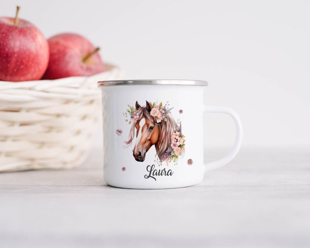 Emaille Tasse Pferd mit Blumen und Wunschname - von Mikalino