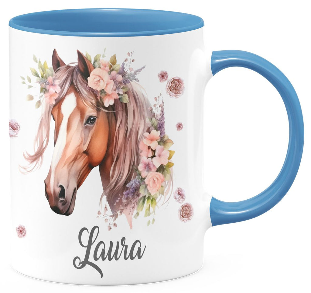 Personalisierte Pferd Tasse, Geschenk für Pferdeliebhaber, Blumen und Hufeisen, mit Namen, Geburtstagsgeschenk für Reiter (7416) - von Mikalino