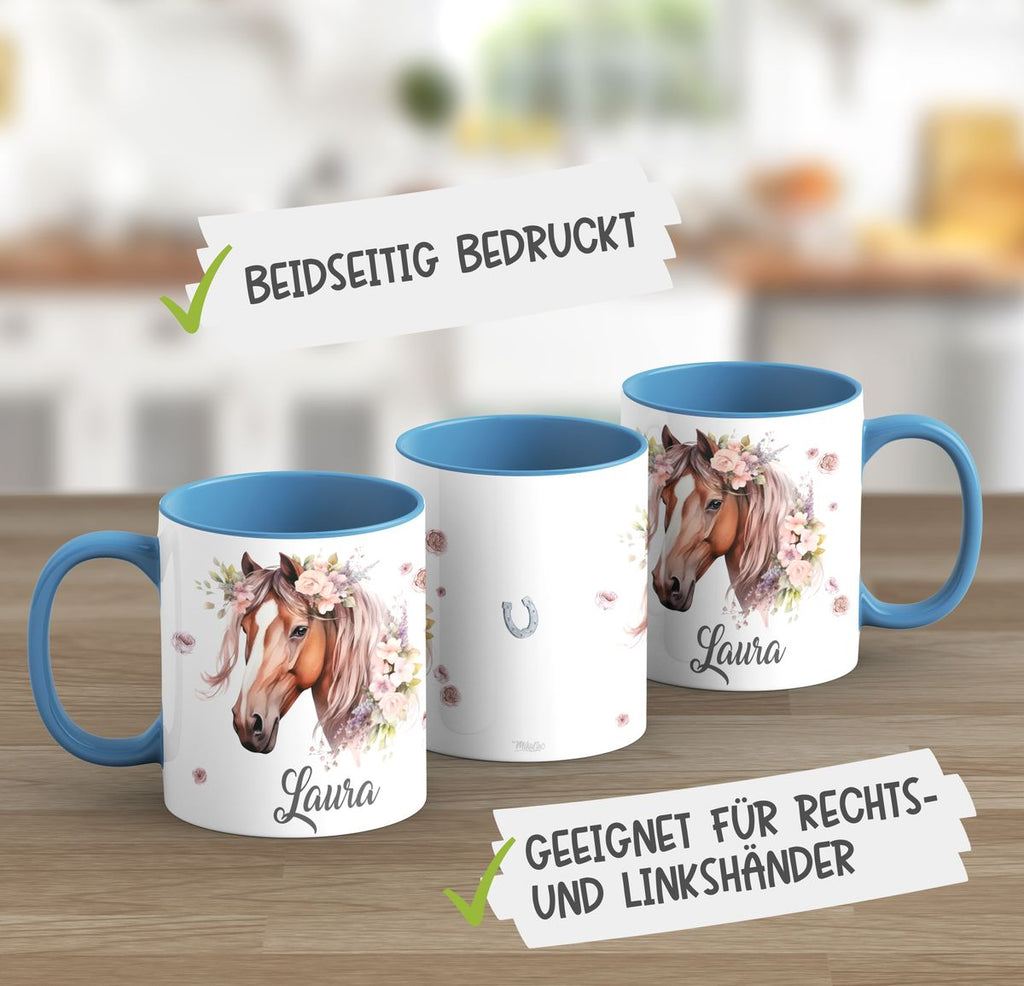 Personalisierte Pferd Tasse, Geschenk für Pferdeliebhaber, Blumen und Hufeisen, mit Namen, Geburtstagsgeschenk für Reiter (7416) - von Mikalino