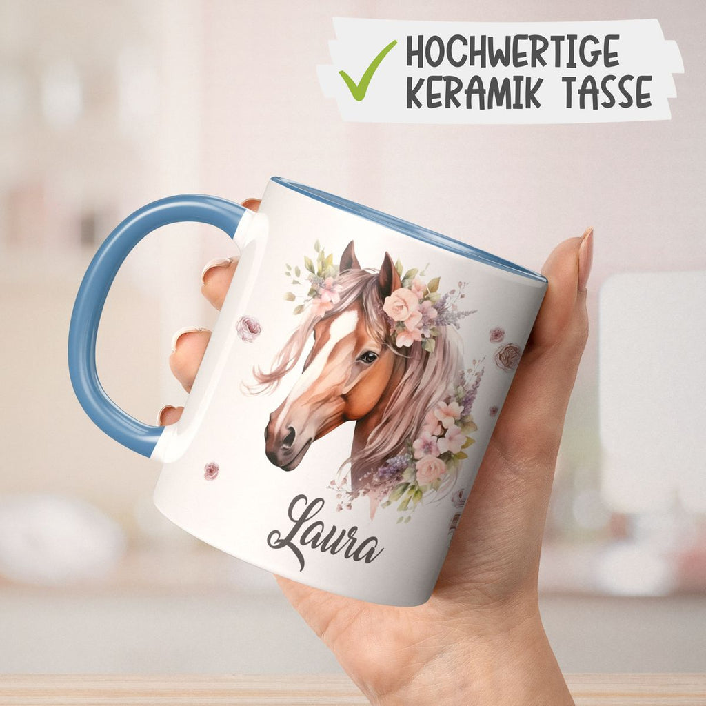 Personalisierte Pferd Tasse, Geschenk für Pferdeliebhaber, Blumen und Hufeisen, mit Namen, Geburtstagsgeschenk für Reiter (7416) - von Mikalino