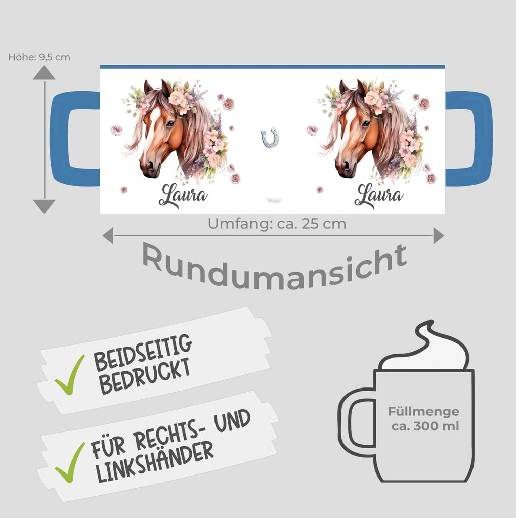 Personalisierte Pferd Tasse, Geschenk für Pferdeliebhaber, Blumen und Hufeisen, mit Namen, Geburtstagsgeschenk für Reiter (7416) - von Mikalino