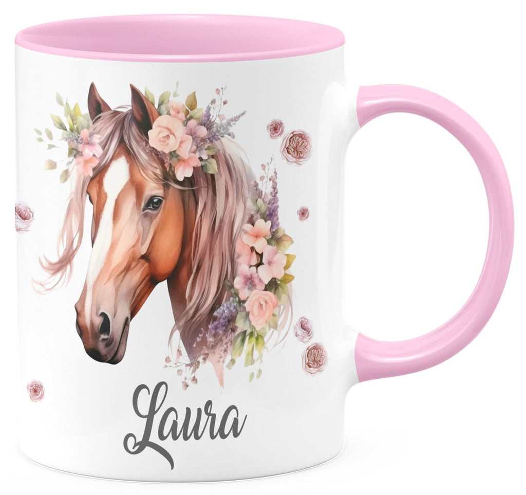 Personalisierte Pferd Tasse, Geschenk für Pferdeliebhaber, Blumen und Hufeisen, mit Namen, Geburtstagsgeschenk für Reiter (7416) - von Mikalino