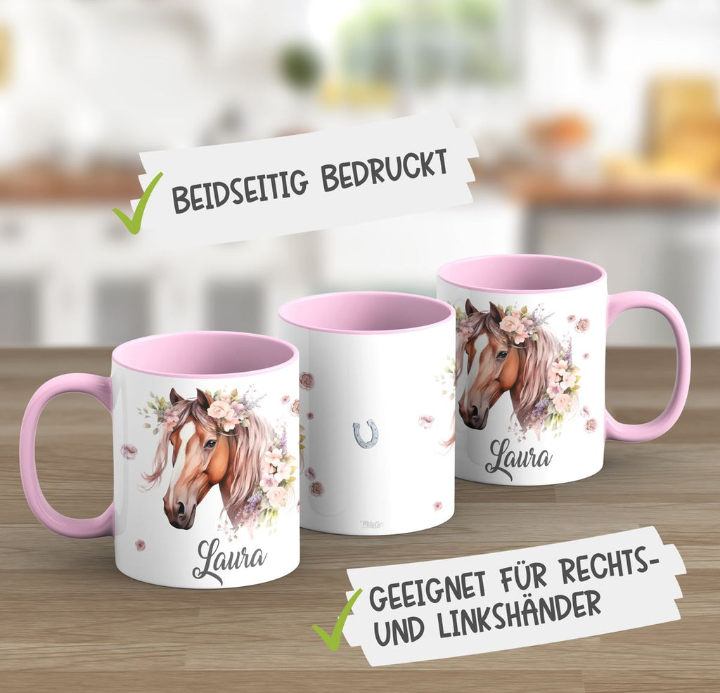 Personalisierte Pferd Tasse, Geschenk für Pferdeliebhaber, Blumen und Hufeisen, mit Namen, Geburtstagsgeschenk für Reiter (7416) - von Mikalino