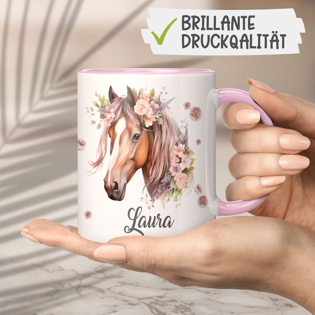 Personalisierte Pferd Tasse, Geschenk für Pferdeliebhaber, Blumen und Hufeisen, mit Namen, Geburtstagsgeschenk für Reiter (7416) - von Mikalino