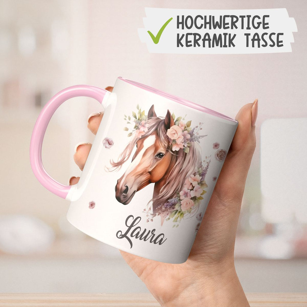 Personalisierte Pferd Tasse, Geschenk für Pferdeliebhaber, Blumen und Hufeisen, mit Namen, Geburtstagsgeschenk für Reiter (7416) - von Mikalino