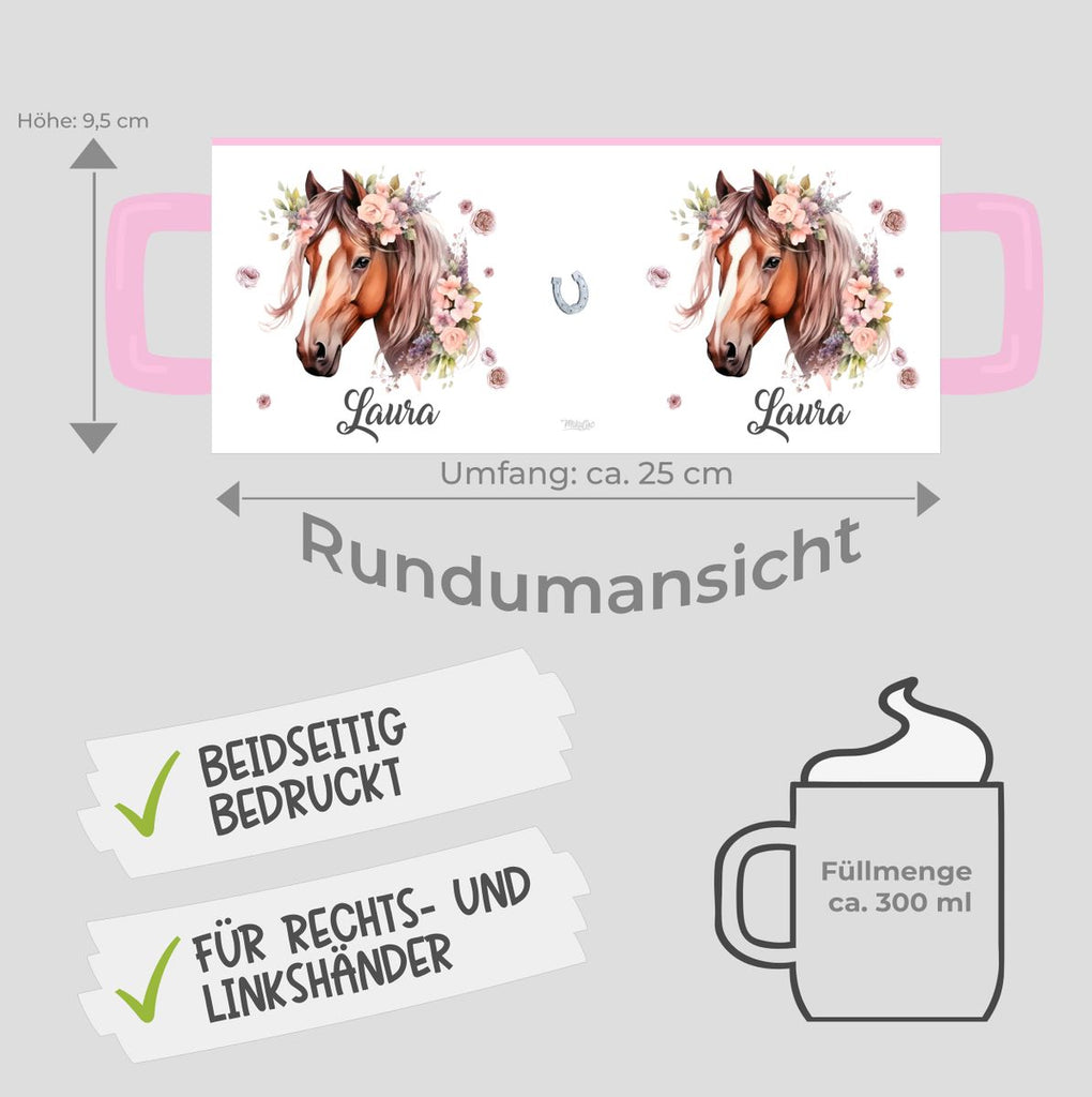 Personalisierte Pferd Tasse, Geschenk für Pferdeliebhaber, Blumen und Hufeisen, mit Namen, Geburtstagsgeschenk für Reiter (7416) - von Mikalino