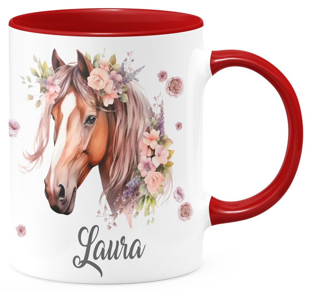 Personalisierte Pferd Tasse, Geschenk für Pferdeliebhaber, Blumen und Hufeisen, mit Namen, Geburtstagsgeschenk für Reiter (7416) - von Mikalino