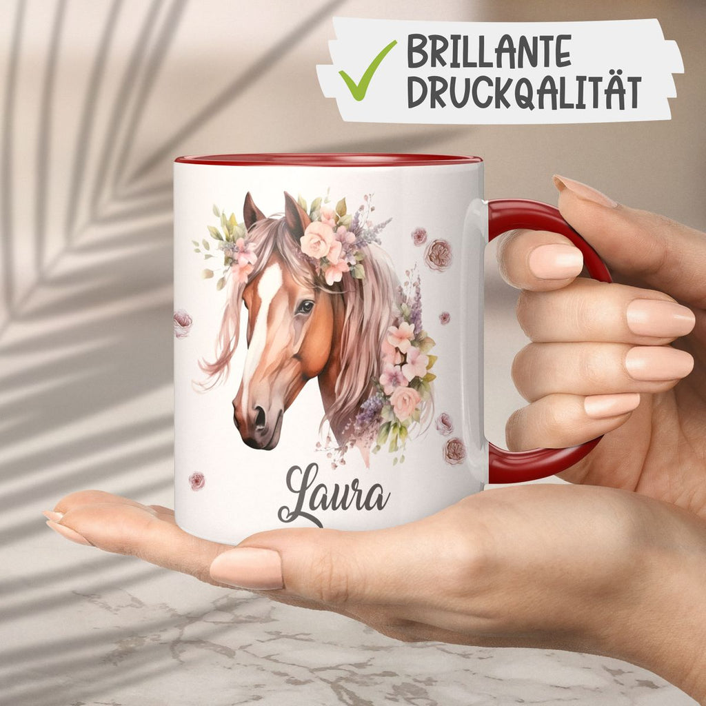 Personalisierte Pferd Tasse, Geschenk für Pferdeliebhaber, Blumen und Hufeisen, mit Namen, Geburtstagsgeschenk für Reiter (7416) - von Mikalino