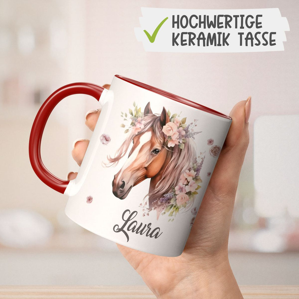 Personalisierte Pferd Tasse, Geschenk für Pferdeliebhaber, Blumen und Hufeisen, mit Namen, Geburtstagsgeschenk für Reiter (7416) - von Mikalino