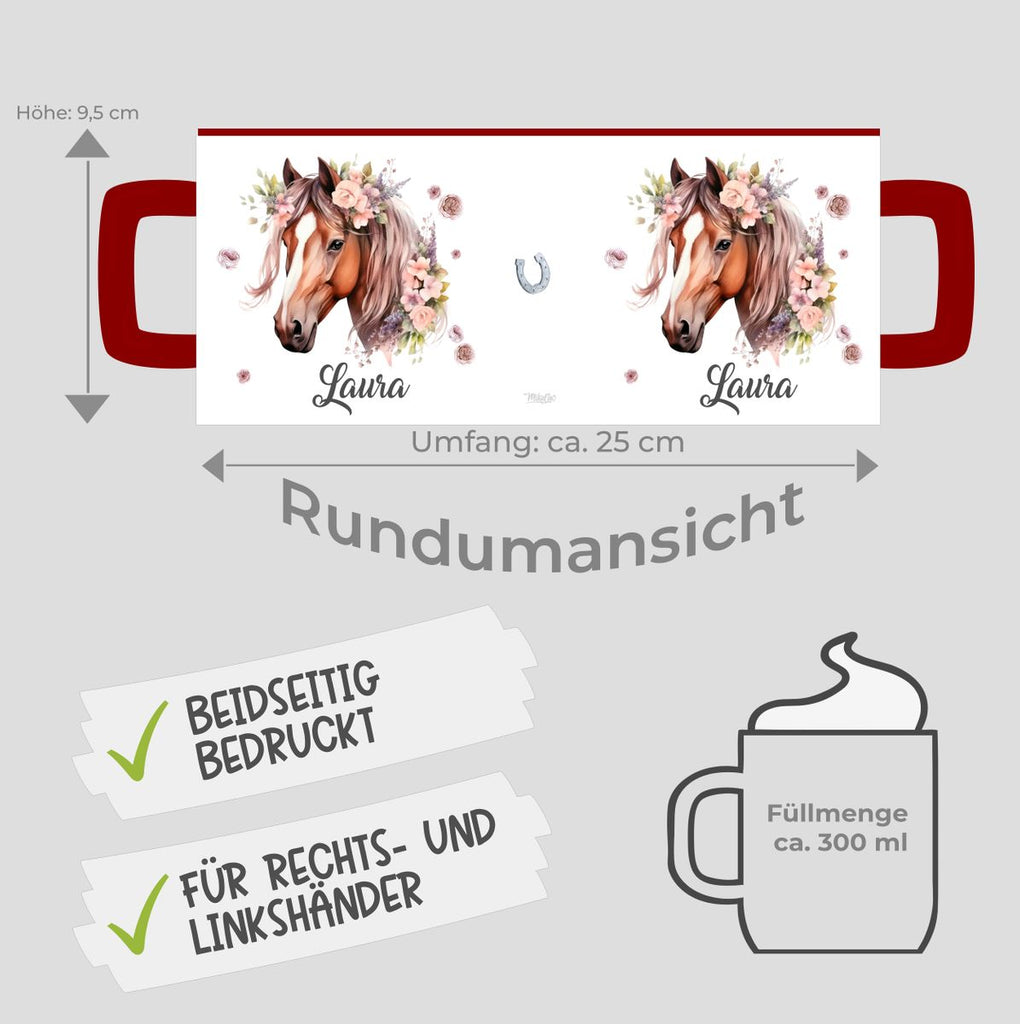 Personalisierte Pferd Tasse, Geschenk für Pferdeliebhaber, Blumen und Hufeisen, mit Namen, Geburtstagsgeschenk für Reiter (7416) - von Mikalino