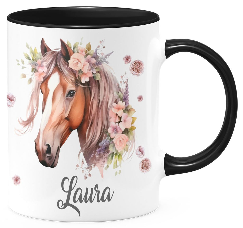 Personalisierte Pferd Tasse, Geschenk für Pferdeliebhaber, Blumen und Hufeisen, mit Namen, Geburtstagsgeschenk für Reiter (7416) - von Mikalino